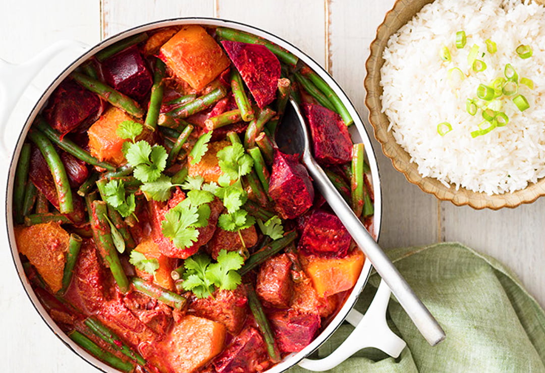 Beetroot, pumpkin and green bean curry with rice