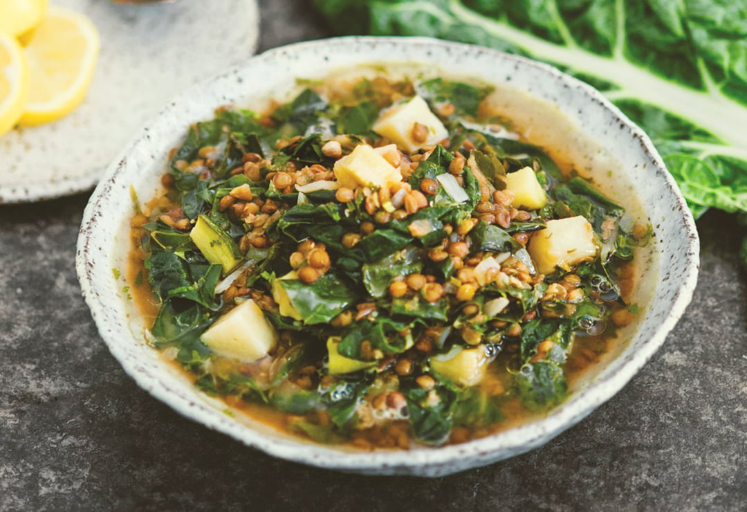 Tangy lentil soup with silverbeet and zucchini
